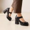 Square High Heels Square Toe Platform Pumps Mary Janes Buckle Strap Patent Sandals - Black