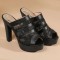 Venice Peep Toe Cuban Heels Platform Summer Slippers - Black