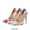 Patent Leather Red Flowers Pattern Pointed Toe Stiletto Heels - White
