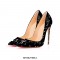 Patent Leather Music Note Printed Pointed Toe Stiletto Heels - Black
