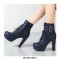Cuban Heels Lace Up Platform Double Buckle Bondages Ankle Booties with Side Zipper - Blue