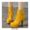Cuban Heels Lace Up Platform Double Buckle Bondages Ankle Booties with Side Zipper - Yellow