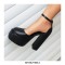 Round Toe Chunky Heels Platforms Ankle Buckle Straps Dorsay Pumps - Black