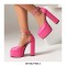 Round Toe Chunky Heels Platforms Ankle Buckle Straps Dorsay Pumps - Rose Red