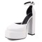 Round Toe Chunky Heels Platforms Ankle Buckle Straps Dorsay Pumps - White