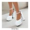 Round Toe Chunky Heels Platforms Ankle Buckle Straps Dorsay Pumps - White
