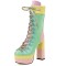 Round Toe Candy Color Lace Up with Zipper Chunky Heels Ankle High Platforms Boots - Green