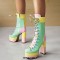 Round Toe Candy Color Lace Up with Zipper Chunky Heels Ankle High Platforms Boots - Green
