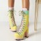 Round Toe Candy Color Lace Up with Zipper Chunky Heels Ankle High Platforms Boots - Yellow