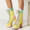 Round Toe Candy Color Lace Up with Zipper Chunky Heels Ankle High Platforms Boots - Yellow