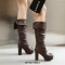 Round Toe Chunky Heels Low Platforms Knee Highs Boots - Brown