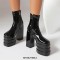 Round Toe Chunky Heels Platforms Ankle Highs Side Zipper Gothic Punk Patent Boots - Black