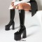 Round Toe Chunky Heels Platforms Knee Highs Side Zipper Gothic Punk Patent Boots - Black