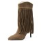 Pointed Toe Stiletto Heels Knee Highs Mid Calf Flock Fringe Western Boots - Auburn