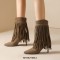 Pointed Toe Stiletto Heels Knee Highs Mid Calf Flock Fringe Western Boots - Auburn