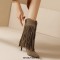 Pointed Toe Stiletto Heels Knee Highs Mid Calf Flock Fringe Western Boots - Auburn