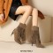 Pointed Toe Stiletto Heels Knee Highs Mid Calf Flock Fringe Western Boots - Auburn