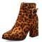 Pointed Toe Chunky Heels Side Zipper Decorated Buckle Straps Ankle Highs Leopard Booties - Auburn