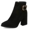Pointed Toe Chunky Heels Side Zipper Decorated Buckle Straps Ankle Highs Suede Booties - Black