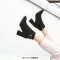Pointed Toe Chunky Heels Side Zipper Decorated Buckle Straps Ankle Highs Suede Booties - Black