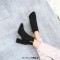 Pointed Toe Chunky Heels Side Zipper Decorated Buckle Straps Ankle Highs Suede Booties - Black