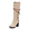 Round Toe Riband Decorated Knee High Chunky Heels Boots - Apricot Tan