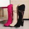 Round Toe Riband Decorated Knee High Chunky Heels Boots - Rose Red