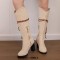 Round Toe Riband Decorated Knee High Chunky Heels Boots - Apricot Tan