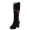 Round Toe Riband Decorated Knee High Chunky Heels Boots - Black