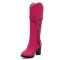 Round Toe Riband Decorated Knee High Chunky Heels Boots - Rose Red