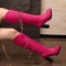 Round Toe Riband Decorated Knee High Chunky Heels Boots - Rose Red