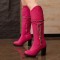 Round Toe Riband Decorated Knee High Chunky Heels Boots - Rose Red