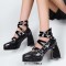 Round Toe Ankle Buckle Straps Punk Gothic Mary Janes Chunky Heels Low Platforms Pumps - Black Patent