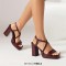 Square Open Toe Cross Ankle Buckle Straps Platforms Chunky Heels Sandals - Wine Patent