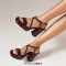 Square Open Toe Cross Ankle Buckle Straps Platforms Chunky Heels Sandals - Wine Patent