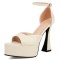 Pointed Open Toe Ankle Buckle Straps Platforms Block Heels Sandals - Beige Patent