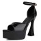 Pointed Open Toe Ankle Buckle Straps Platforms Block Heels Sandals - Black Patent