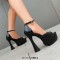 Pointed Open Toe Ankle Buckle Straps Platforms Block Heels Sandals - Black Patent