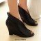 Peep Toe Roman Style Slip On Novelty Wedges  Ankle Highs Sandals Pumps - Beige Faux Leather