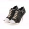 Round Toe Lace Up Stiletto Heels Rivet Decorated Punk Style Sneakers Pumps - Black Denim
