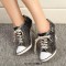 Round Toe Lace Up Stiletto Heels Rivet Decorated Punk Style Sneakers Pumps - Black Denim