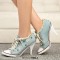 Round Toe Lace Up Stiletto Heels Rivet Decorated Punk Style Sneakers Pumps - LightBlue Denim