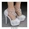 Round Toe Ankle Rhinestones Straps Stiletto Heels Platforms Wedding Pumps - White