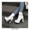 Round Toe Cuban Heels Ankle Gold Buckle Strap Booties with Side Zipper - White