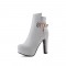 Round Toe Cuban Heels Ankle Gold Buckle Strap Booties with Side Zipper - White