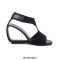 Peep Toe Genuine Leather Ankle Buckle T Straps Wedges Sandals - Black