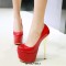 Round Toe Stiletto Golden Heels Patent Platforms Pumps - Red