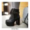 Chunky Heels Round Toe Punk Heeled Buckle Rivets Lace Up Ankle Boots - Black