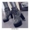 Chunky Heels Round Toe Punk Heeled Buckle Rivets Lace Up Ankle Boots - Gray