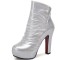 Round Toe Stiletto Heels Back Zipper Ankle Highs Platforms Boots - Silver